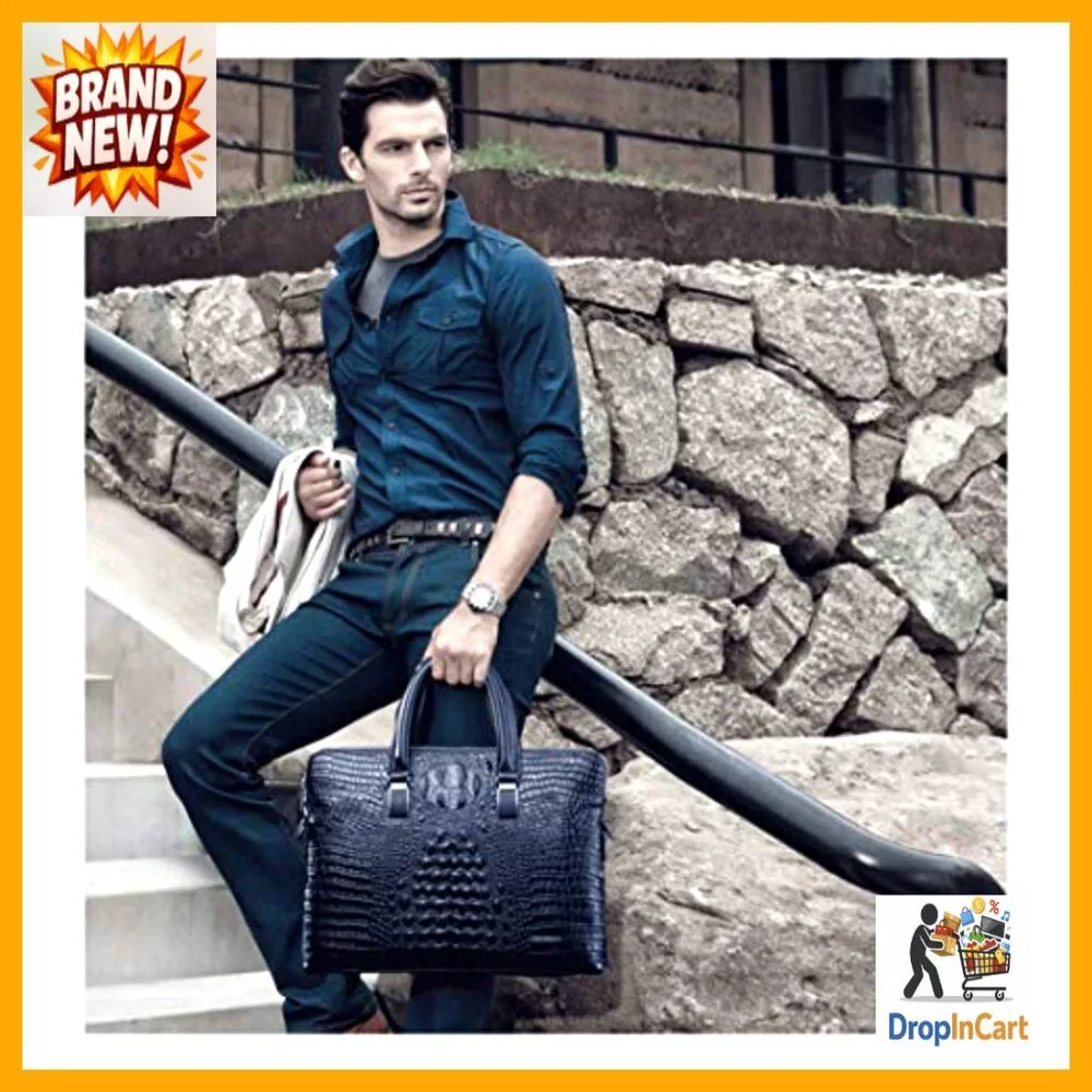 Leather Business Briefcase Classic Crocodile Pattern Handmade Shoulder Bag